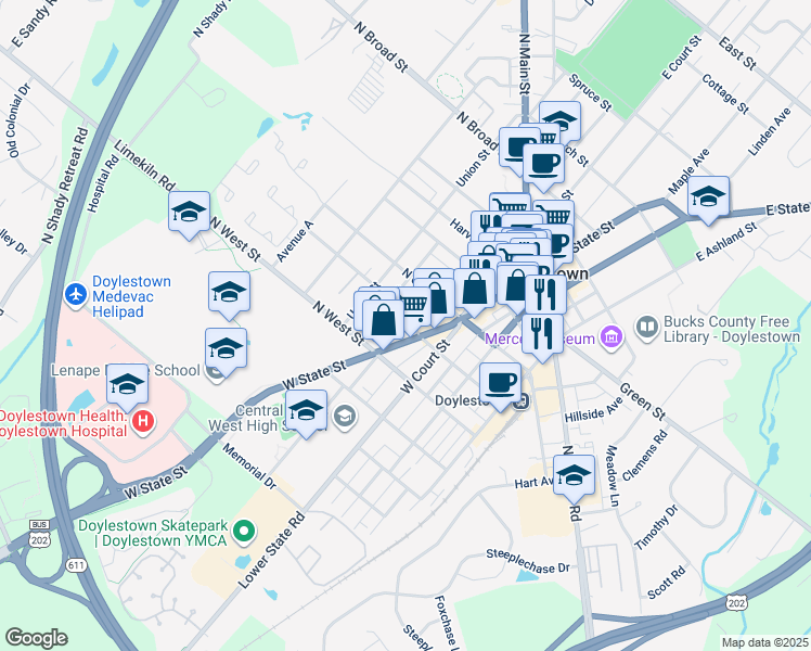map of restaurants, bars, coffee shops, grocery stores, and more near 180 West State Street in Doylestown