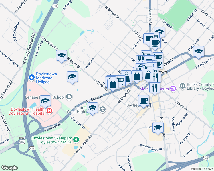 map of restaurants, bars, coffee shops, grocery stores, and more near 229 Decatur Street in Doylestown