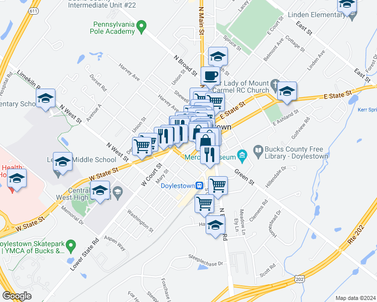 map of restaurants, bars, coffee shops, grocery stores, and more near 61 West Oakland Avenue in Doylestown