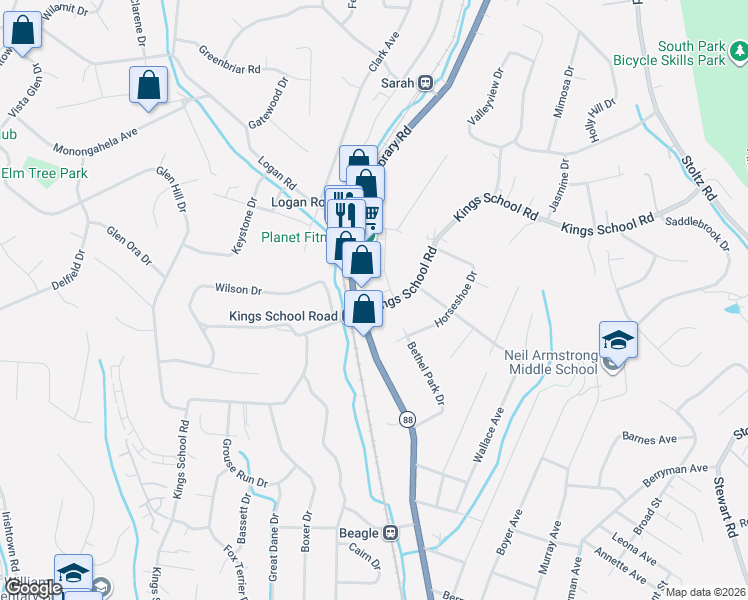 map of restaurants, bars, coffee shops, grocery stores, and more near 5872 Kings School Road in Bethel Park