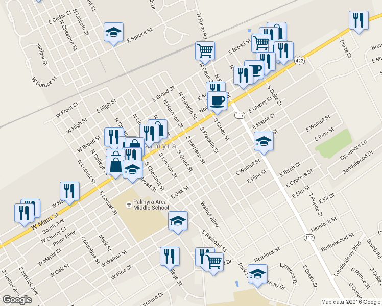 map of restaurants, bars, coffee shops, grocery stores, and more near 324 East Cherry Street in Palmyra