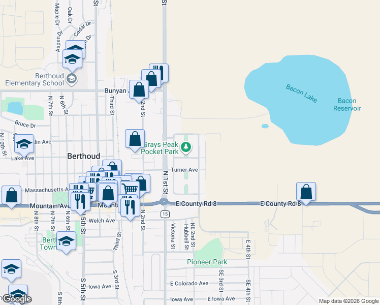 map of restaurants, bars, coffee shops, grocery stores, and more near 155 Quandary Avenue in Berthoud