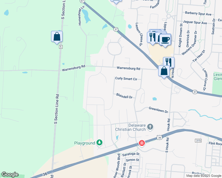 map of restaurants, bars, coffee shops, grocery stores, and more near 107 Curly Smart Circle in Delaware