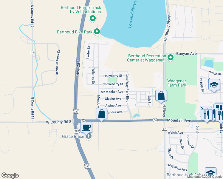 map of restaurants, bars, coffee shops, grocery stores, and more near 1600 Mount Meeker Avenue in Berthoud