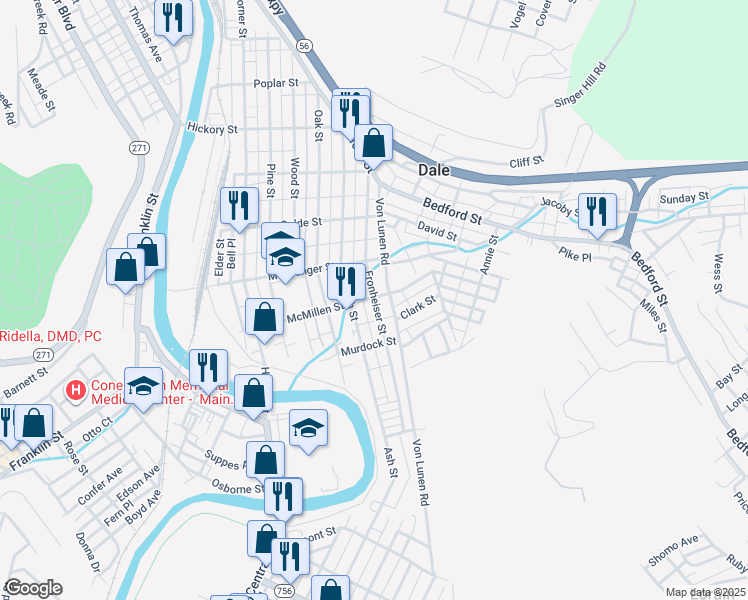 map of restaurants, bars, coffee shops, grocery stores, and more near McMillen Street in Johnstown