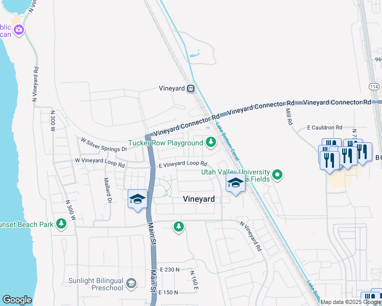 map of restaurants, bars, coffee shops, grocery stores, and more near 635 North 160 East in Vineyard