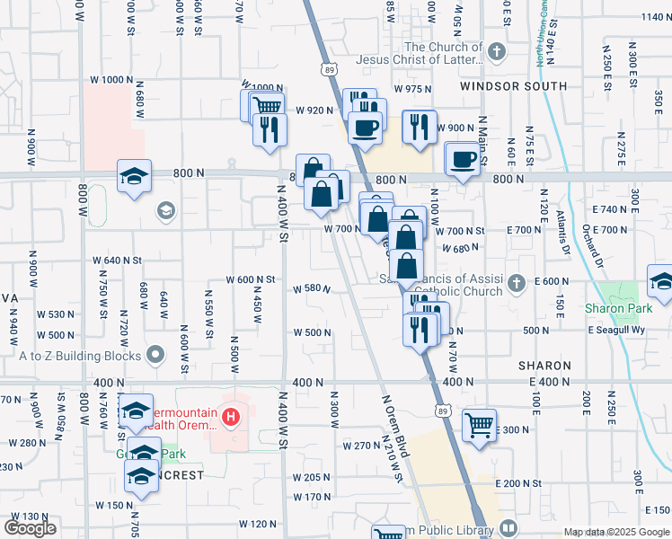 map of restaurants, bars, coffee shops, grocery stores, and more near 324 West 580 North in Orem