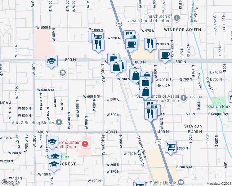map of restaurants, bars, coffee shops, grocery stores, and more near 324 West 580 North in Orem