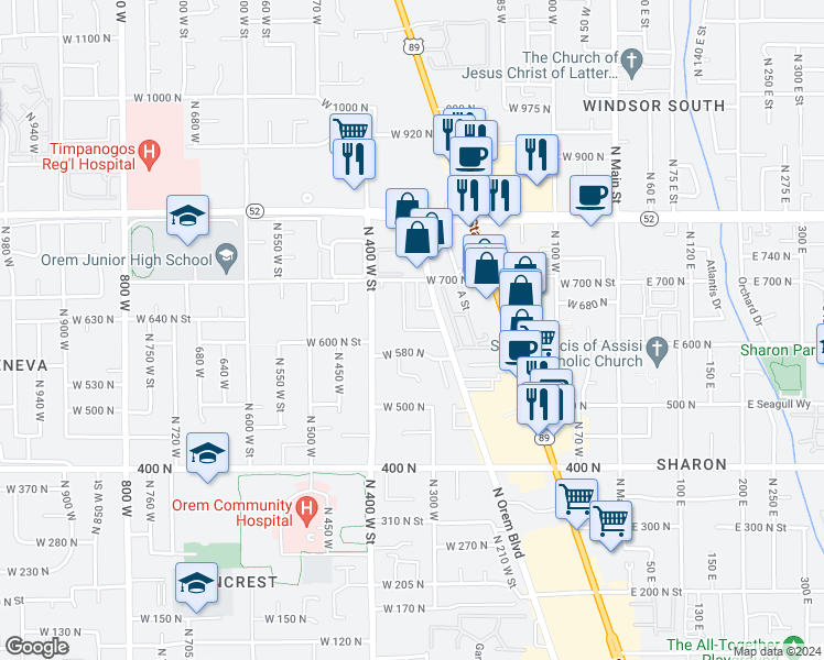 map of restaurants, bars, coffee shops, grocery stores, and more near 324 West 580 North in Orem