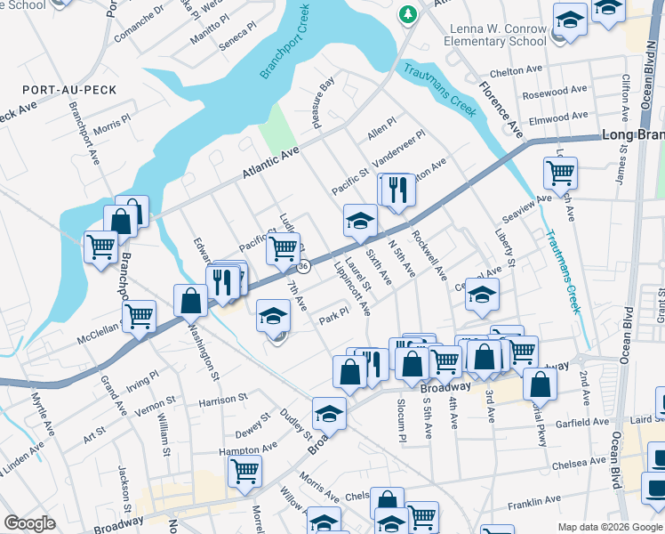 map of restaurants, bars, coffee shops, grocery stores, and more near 376 Hendrickson Avenue in Long Branch