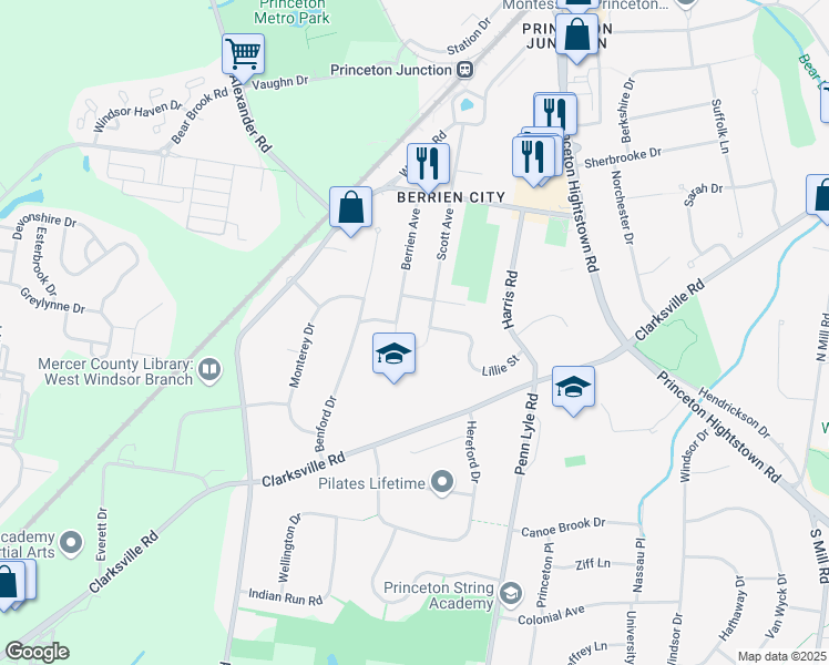 map of restaurants, bars, coffee shops, grocery stores, and more near 43 Berrien Avenue in West Windsor Township