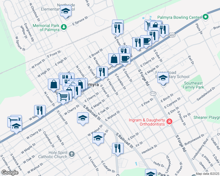 map of restaurants, bars, coffee shops, grocery stores, and more near 125 South Harrison Street in Palmyra
