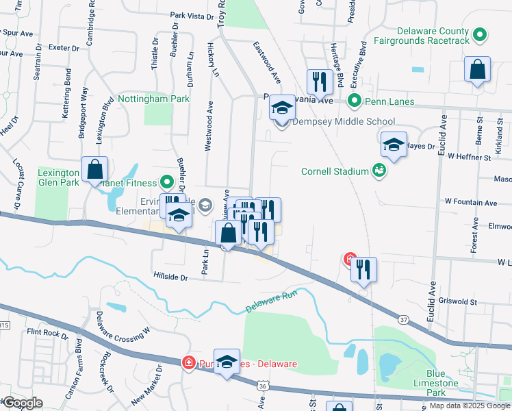 map of restaurants, bars, coffee shops, grocery stores, and more near 20 Georgetown Drive in Delaware