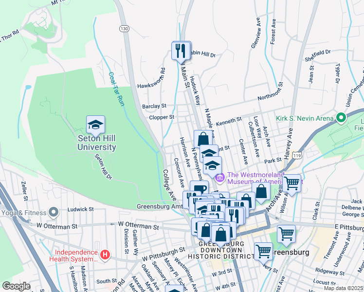 map of restaurants, bars, coffee shops, grocery stores, and more near in Greensburg