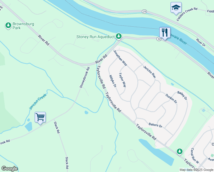 map of restaurants, bars, coffee shops, grocery stores, and more near 1280 Taylorsville Rd in Washington Crossing