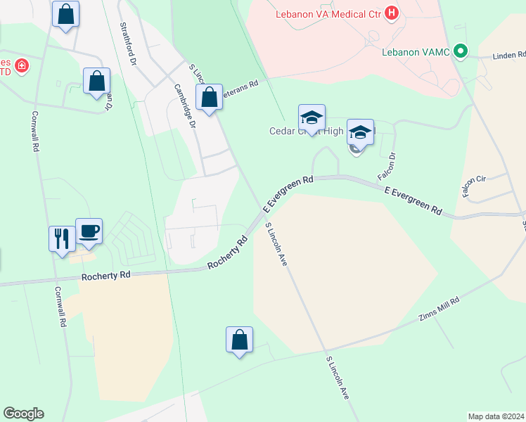 map of restaurants, bars, coffee shops, grocery stores, and more near 101 East Evergreen Road in Lebanon