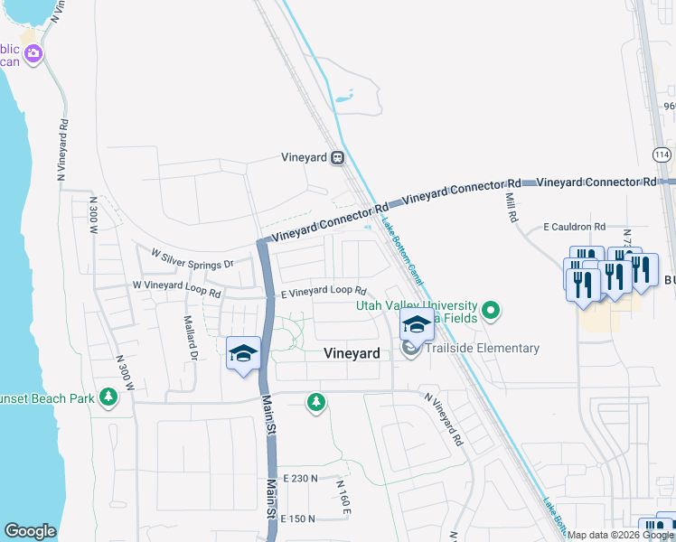 map of restaurants, bars, coffee shops, grocery stores, and more near 641 North 160 East in Vineyard