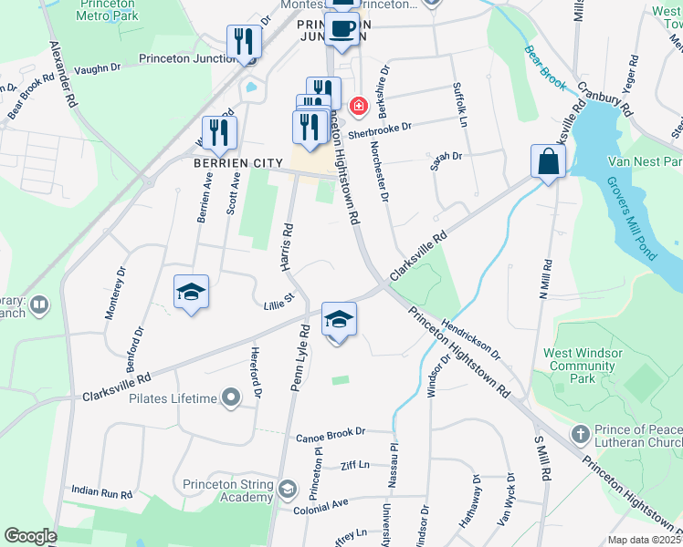 map of restaurants, bars, coffee shops, grocery stores, and more near 12 Springwood Drive in West Windsor Township