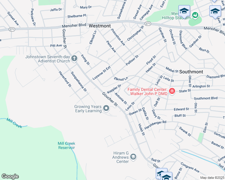 map of restaurants, bars, coffee shops, grocery stores, and more near 199 Antonia St in Johnstown