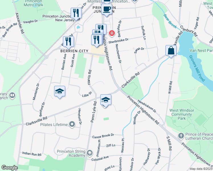 map of restaurants, bars, coffee shops, grocery stores, and more near 12 Springwood Drive in West Windsor Township