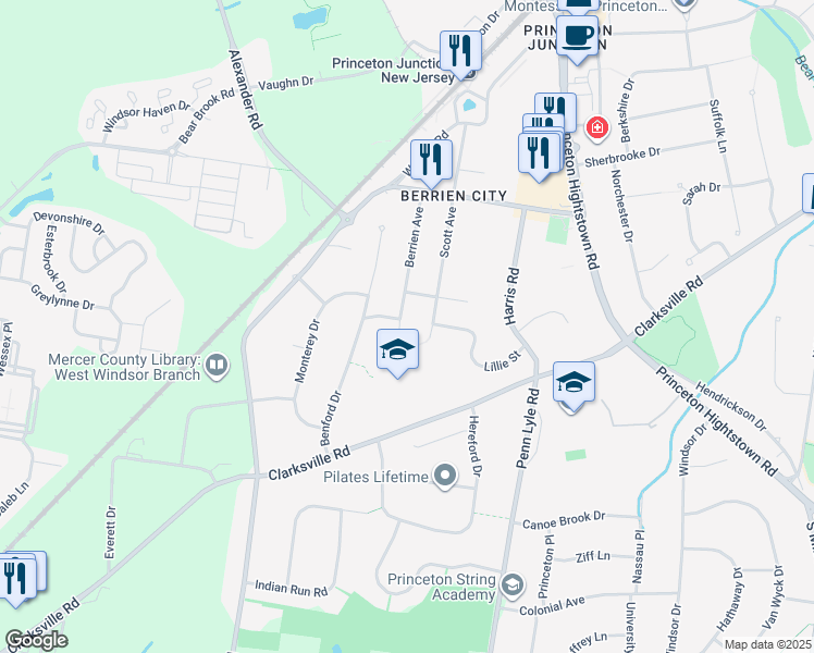 map of restaurants, bars, coffee shops, grocery stores, and more near 43 Berrien Avenue in West Windsor Township