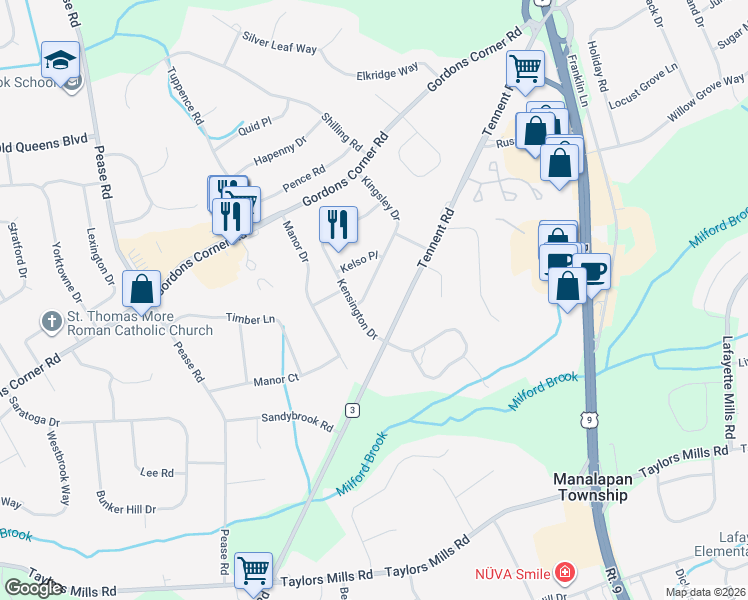 map of restaurants, bars, coffee shops, grocery stores, and more near 36 Kensington Drive in Manalapan Township