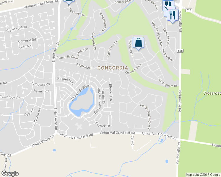 map of restaurants, bars, coffee shops, grocery stores, and more near 442 Bluebird Drive in Monroe Township