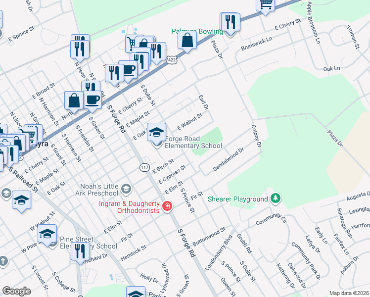 map of restaurants, bars, coffee shops, grocery stores, and more near 650 South Duke Street in Palmyra