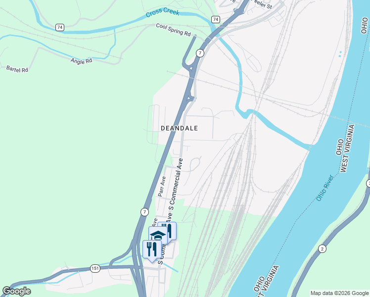 map of restaurants, bars, coffee shops, grocery stores, and more near 2120 Commercial Street in Mingo Junction