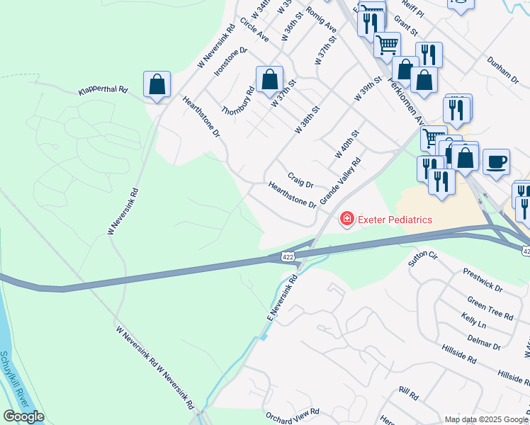 map of restaurants, bars, coffee shops, grocery stores, and more near 317 Grande Valley Road in Reading