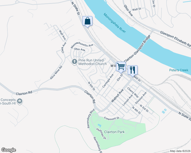 map of restaurants, bars, coffee shops, grocery stores, and more near 647 Delaware Avenue in Clairton