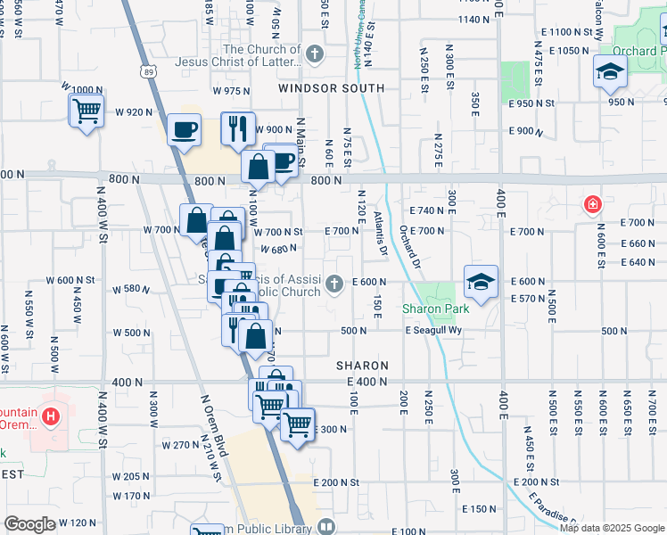 map of restaurants, bars, coffee shops, grocery stores, and more near 57 East 600 North in Orem