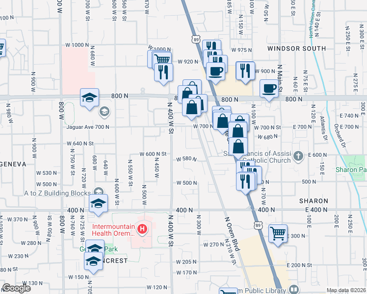 map of restaurants, bars, coffee shops, grocery stores, and more near 396 West 580 North in Orem
