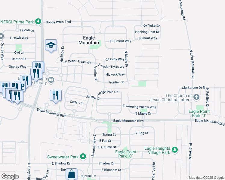 map of restaurants, bars, coffee shops, grocery stores, and more near 2113 Juniper Drive in Lehi