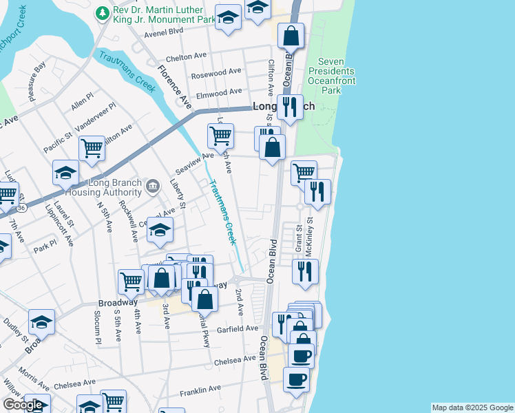 map of restaurants, bars, coffee shops, grocery stores, and more near 75 Long Branch Avenue in Long Branch