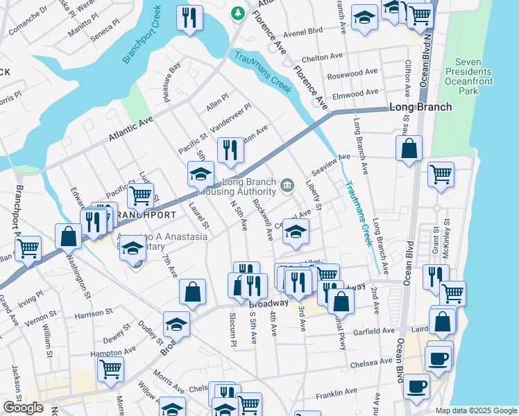 map of restaurants, bars, coffee shops, grocery stores, and more near 103 North 5th Avenue in Long Branch