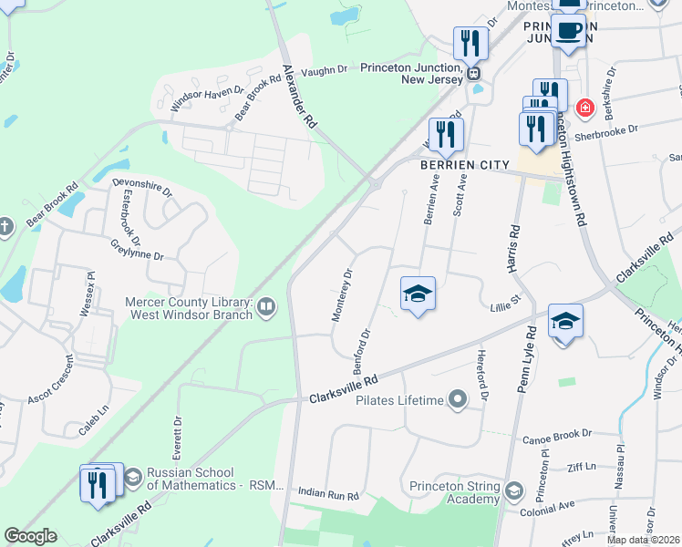 map of restaurants, bars, coffee shops, grocery stores, and more near 18 Monterey Drive in West Windsor Township