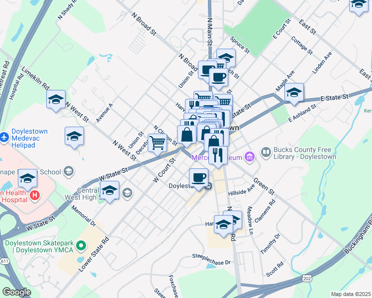 map of restaurants, bars, coffee shops, grocery stores, and more near 50 South Clinton Street in Doylestown