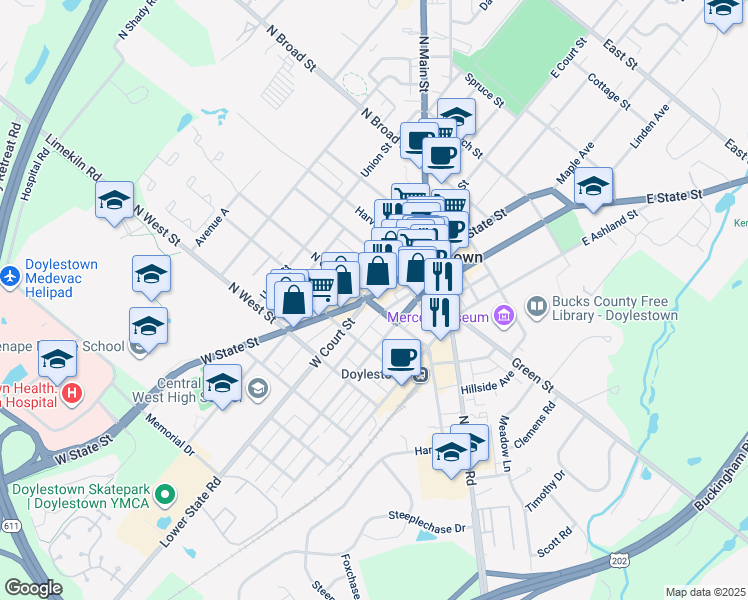 map of restaurants, bars, coffee shops, grocery stores, and more near 170 West Court Street in Doylestown