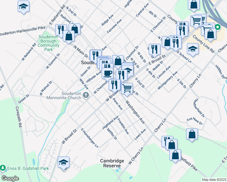 map of restaurants, bars, coffee shops, grocery stores, and more near 52 West Broad Street in Souderton
