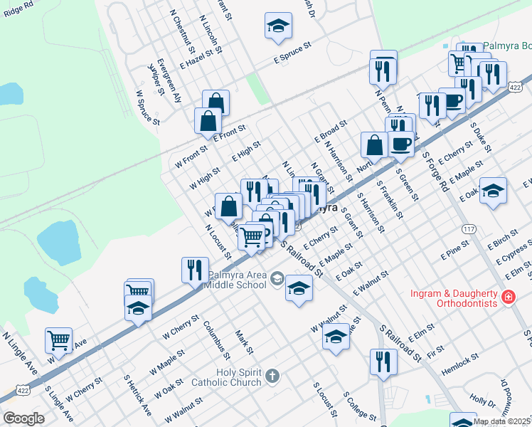 map of restaurants, bars, coffee shops, grocery stores, and more near 16 North Railroad Street in Palmyra