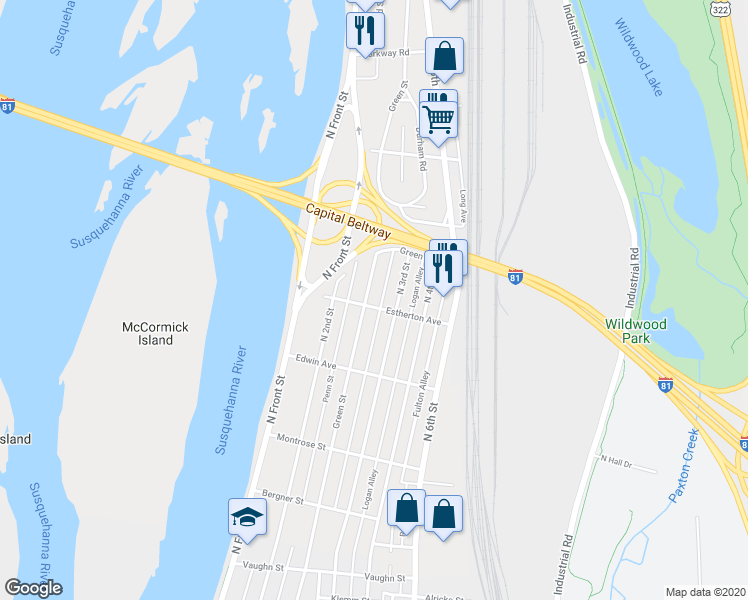 map of restaurants, bars, coffee shops, grocery stores, and more near 3664 North 3rd Street in Harrisburg
