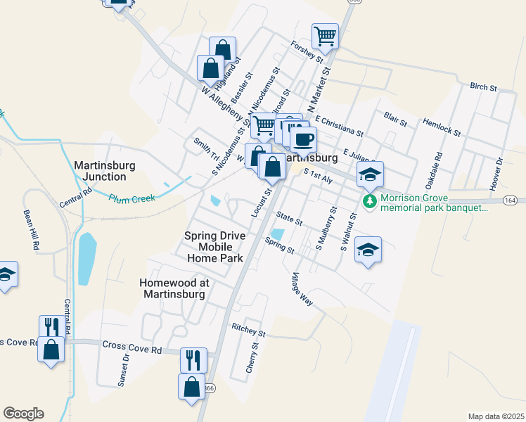 map of restaurants, bars, coffee shops, grocery stores, and more near 312-314 South Market Street in Martinsburg