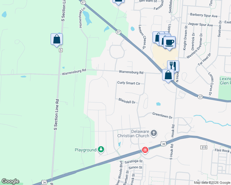 map of restaurants, bars, coffee shops, grocery stores, and more near 185 Curly Smart Circle in Delaware