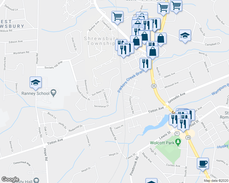 map of restaurants, bars, coffee shops, grocery stores, and more near 114 Secretariat Court in Eatontown