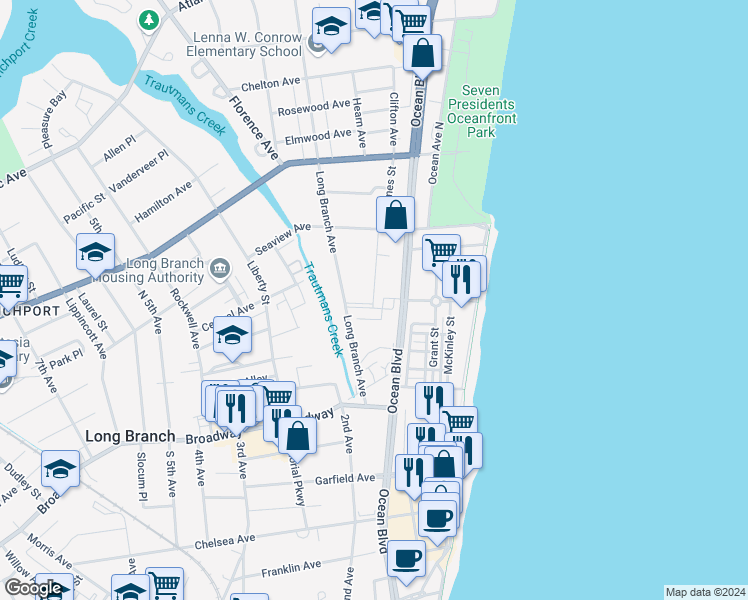 map of restaurants, bars, coffee shops, grocery stores, and more near 75 Long Branch Avenue in Long Branch