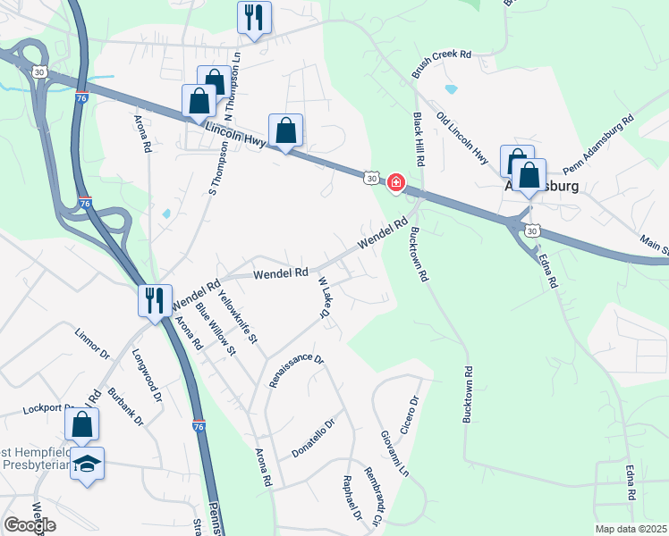 map of restaurants, bars, coffee shops, grocery stores, and more near 107 Sir Richard Drive in Irwin