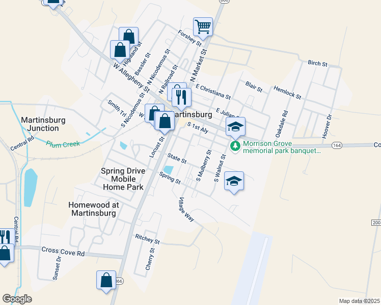 map of restaurants, bars, coffee shops, grocery stores, and more near 301 State Street in Martinsburg