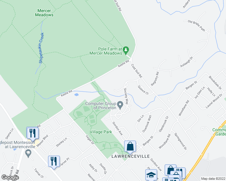 map of restaurants, bars, coffee shops, grocery stores, and more near 56 Viburnum Court in Lawrence Township