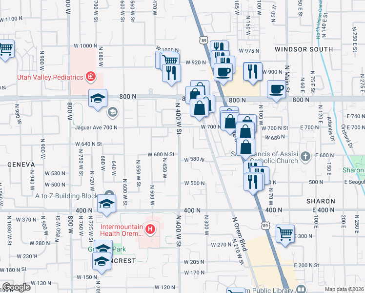 map of restaurants, bars, coffee shops, grocery stores, and more near 642 North 400 West Street in Orem